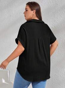 SHEIN Clasi 休閒口袋 前紐扣純色加大襯衫 - 黑色 - 查看 2