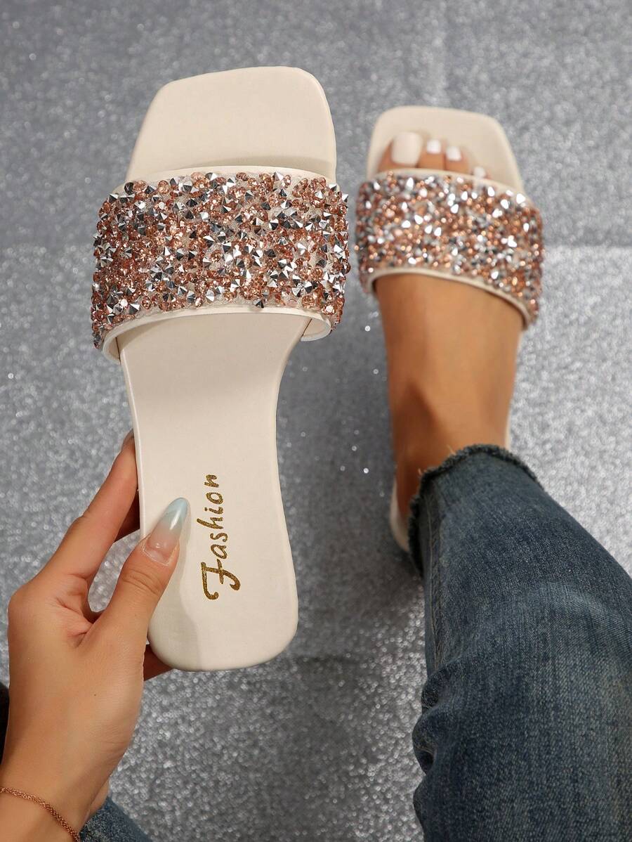 新品到貨女性平底穆勒鞋鞋涼鞋,大碼,性感 - 金色 - 查看 1