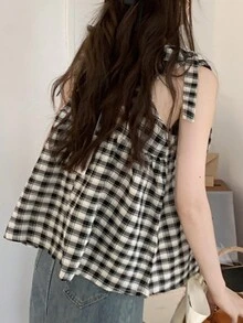 复古格子宽松系带女式背心，夏季休闲款 - 黑與白 - 查看 3