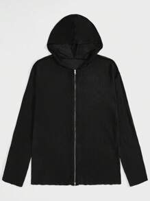 ROMWE MEN Street Life 男士純色拉鍊連帽開衫 - 黑色 - 查看 1