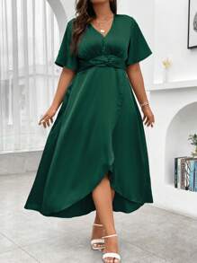 Flirla 大碼褶邊蝴蝶袖圍裹連衣裙 - 墨綠色 - 查看 3