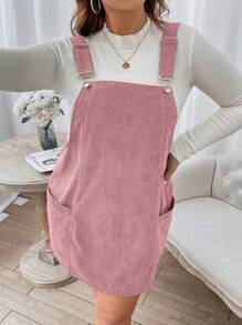 Flirla Talla grande Vestido overol con parche con bolsillo de pana sin camiseta - Rosa - Ver 3