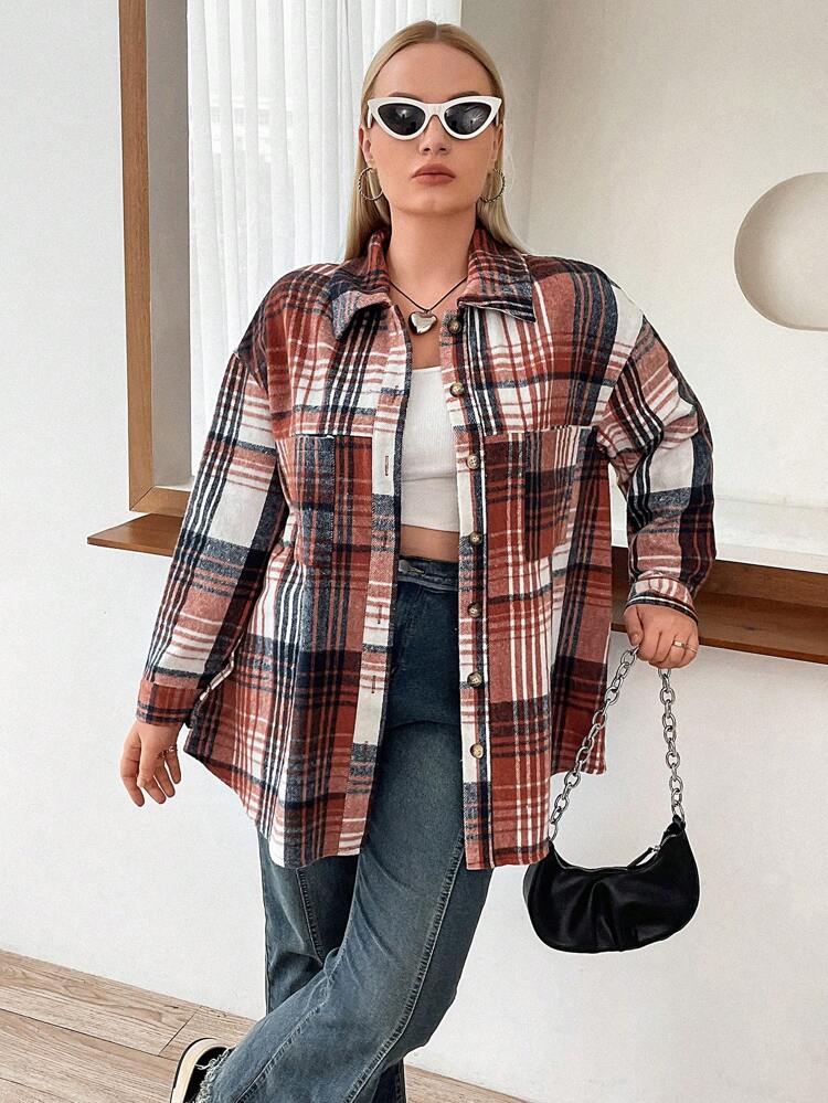 Plus Plaid Print Drop Shoulder Pocket Patched Coat