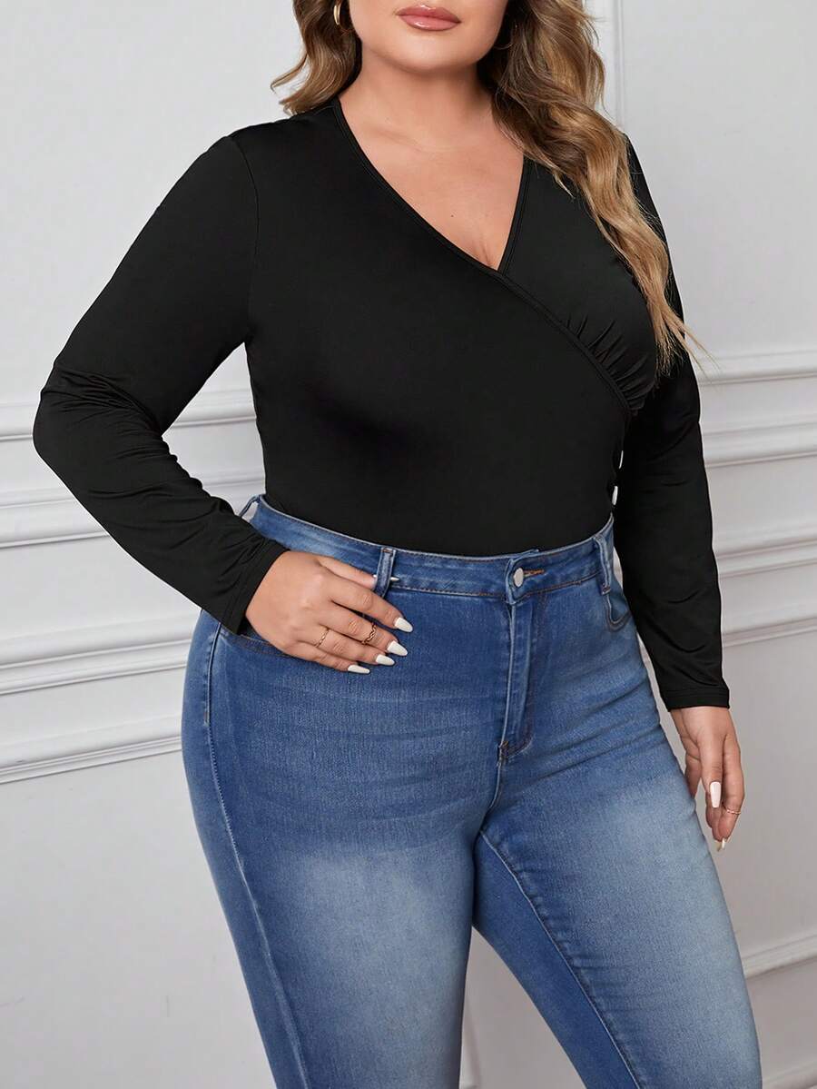 SHEIN LUNE Hơn Chi tiết Nút Slim Fit Tee Bodysuit - màu đen - Xem 1