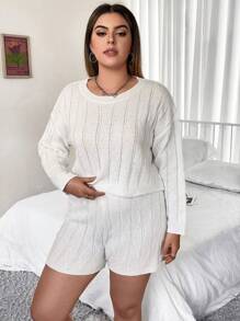 Flirla Plus Drop Shoulder Sweater & Knit Shorts - White - View 4