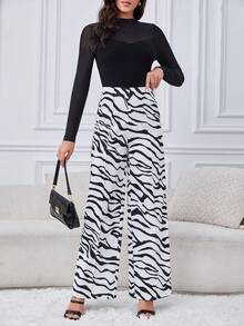 SHEIN Tall 斑馬條紋前縫長褲 - 黑與白 - 查看 5