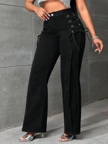 SHEIN Lace Up Side Wide Leg Jeans - Black - View 5