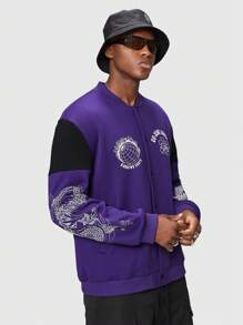 ROMWE MEN Prep Áo khoác bomber lót nhiệt hình con rồng và chữ cái - Màu tím - Xem 5