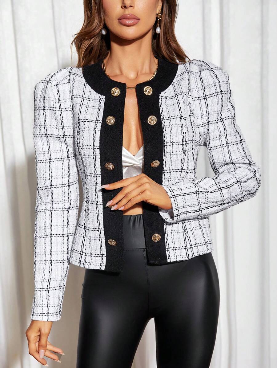 SHEIN Privé Plaid Pattern Contrast Trim Gigot Sleeve Tweed Overcoat - Black and White - View 1