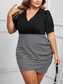Celure Hơn In Houndstooth Ống tay áo Viền hoa tulip Đầm - màu đen - Xem 1