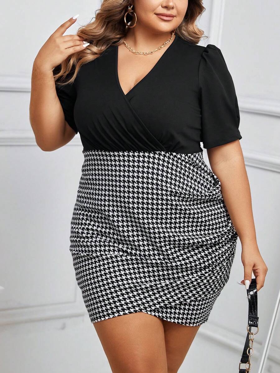 Celure Hơn In Houndstooth Ống tay áo Viền hoa tulip Đầm - màu đen - Xem 1