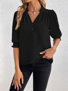 SHEIN Privé Blusa ribete fruncido de manga farol - Negro - Ver 4