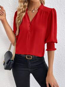 SHEIN Privé Blusa con escote en pico y mangas abultadas, Top de manga tres cuartos - Rojo - Ver 3
