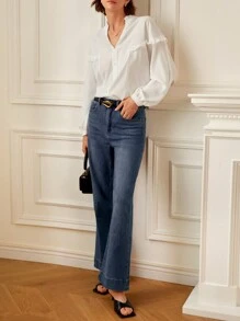 SHEIN Frenchy 褶邊燈籠袖襯衫 - 白色 - 查看 6