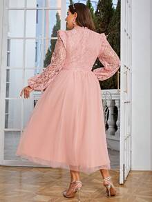 Simplee 大碼蕾絲拼接荷葉邊網紗覆蓋派對禮服 - 淺粉色 - 查看 2