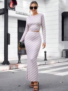 SHEIN Essnce 條紋印花短款T恤&鉛筆裙 - 彩色 - 查看 1