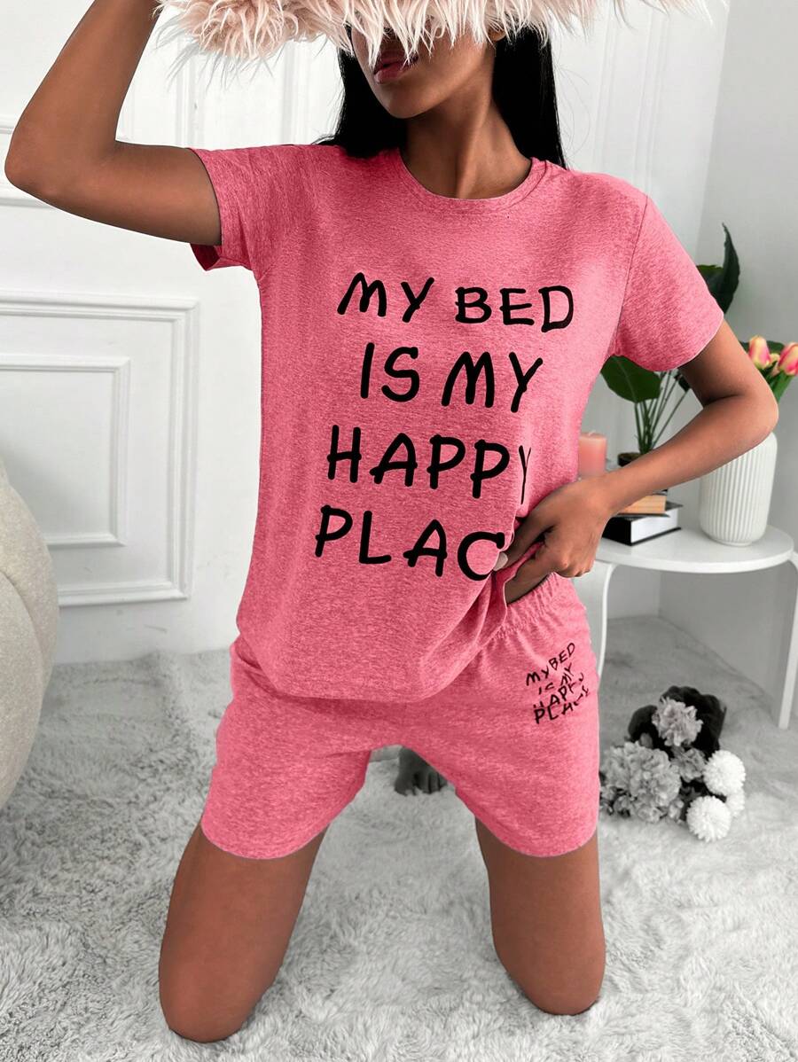 RueChic Slogan Graphic Tee & Shorts PJ Set - Pink - View 1