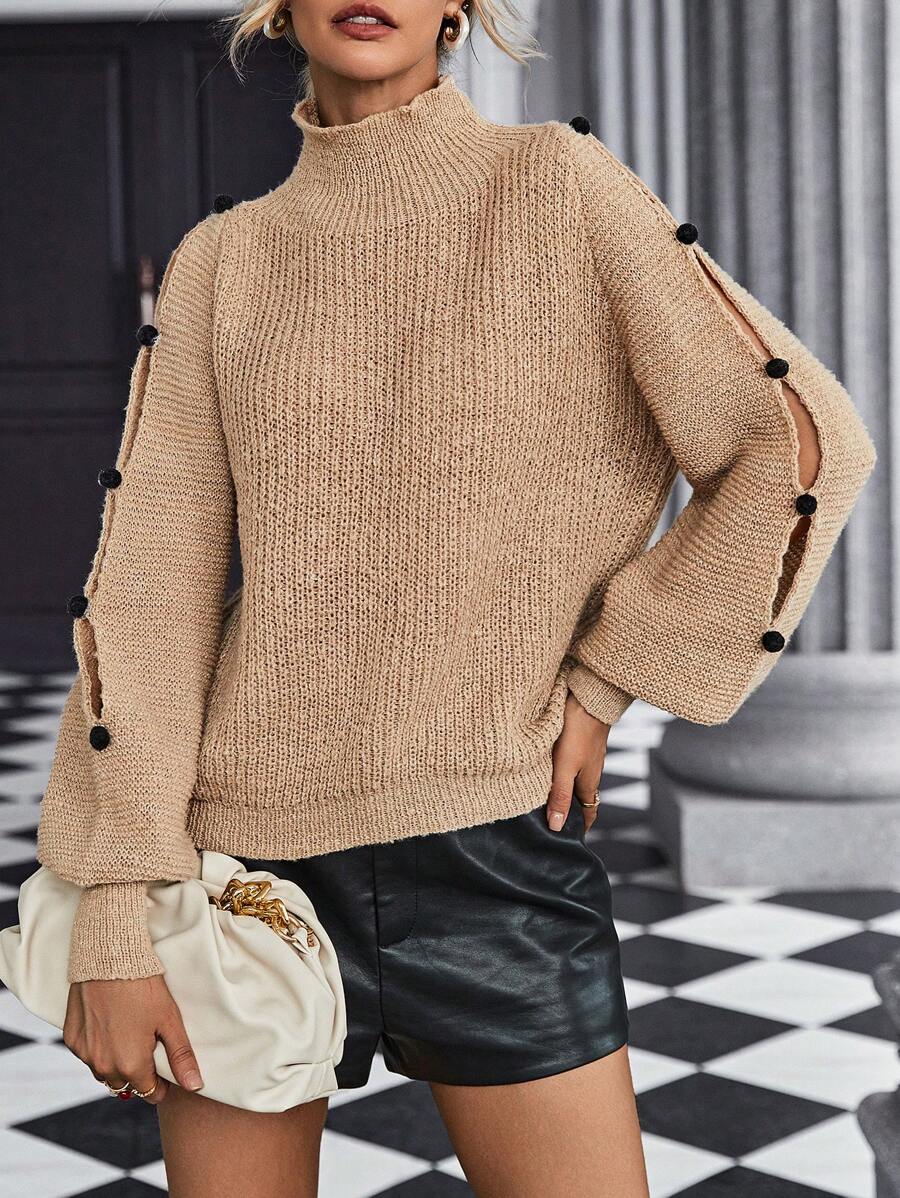 SHEIN LUNE Mock Neck Button Detail Raglan Sleeve Knit Pullover Fall Winter Sweater - Khaki - View 1