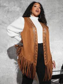 SHEIN CURVE+ Plus 1pc Hollow Out Fringe Hem Faux Suede Vest Coat - Camel - View 3