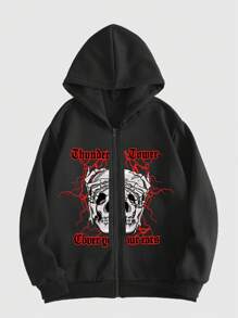 ROMWE MEN Goth 男士骷髏頭和字母圖案拉鏈開襟加絨內裏連帽衫 - 黑色 - 查看 1