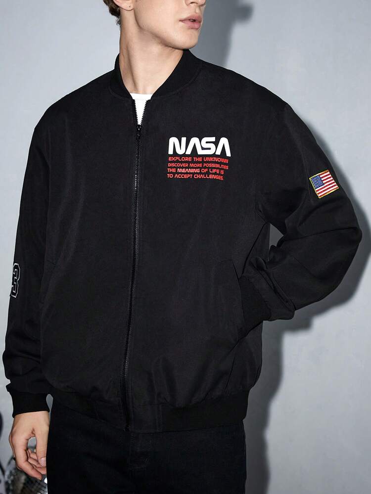 Oversized Men's Slogan Print Zip-Up Bomber Jacket, Without T-Shirt, For Fall Winter