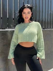 SHEIN SXY Solid Fluffy Knit Crop Sweater - Green - View 5