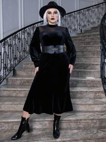 Celure Hơn Halloween Lưới tương phản Cổ giả Nhung Đầm Không có thắt lưng - màu đen - Xem 8