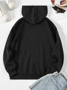 SHEIN EZwear Letter & Butterfly Print Kangaroo Pocket Drawstring Thermal Hoodie - Black - View 2