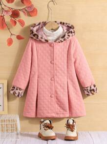 SHEIN Young Girl 1pc Leopard Pattern Fuzzy Trim Hooded Coat - Pink - View 4