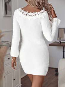 SHEIN Clasi Ladies áo len váy Tương phản ren màu trơn Gợi cảm - trắng - Xem 2