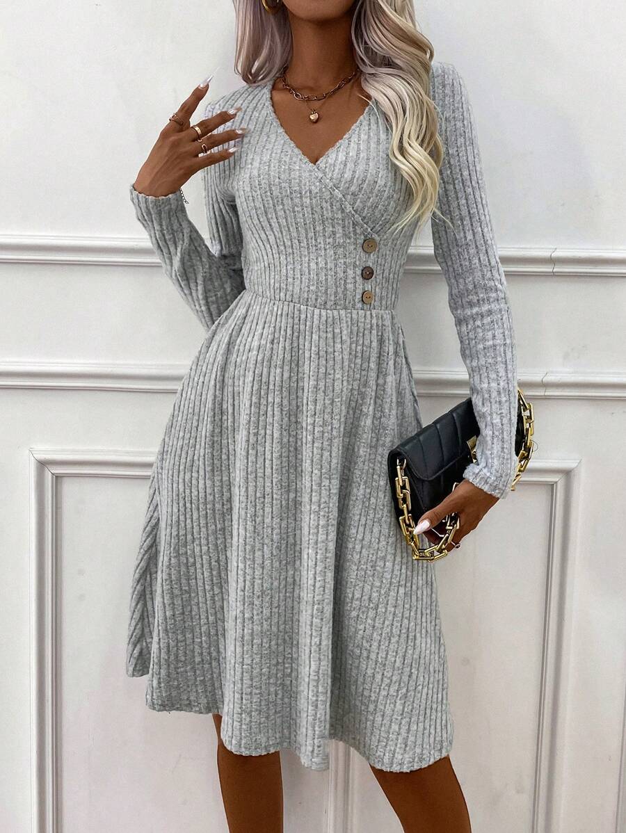 SHEIN Clasi Vestido línea A unicolor con diseño de botón - Gris - Ver 1