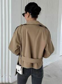 DAZY 插肩袖扣带风衣，秋季服装女式夹克 - 駝色 - 查看 6