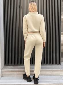 RueChic Letter Graphic Half Zip Drop Shoulder Crop Sweatshirt & Sweatpants - Beige - View 2