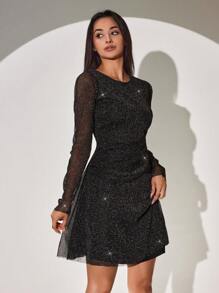 RueChic Patchwork Mesh Decor Waist Belt Long Sleeve Dress