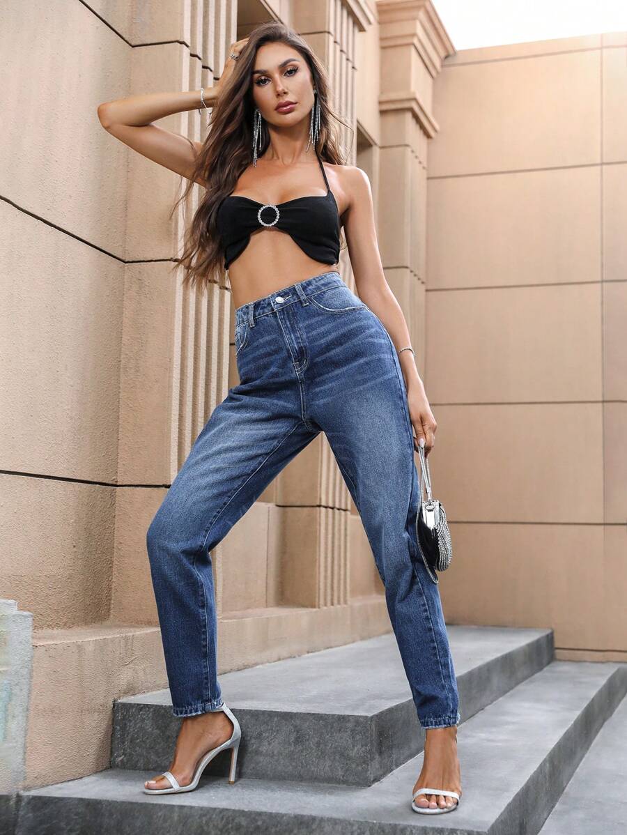 SHEIN Essnce Denim mùa giặt Quần jean Mom Fit - Rửa tối - Xem 1