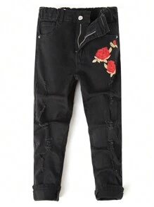 Boys Floral Embroidery Ripped Jeans - Black - View 3