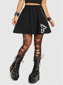 ROMWE Grunge Punk Vượt qua In Hem xòe Váy - màu đen - Xem 5