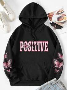 SHEIN EZwear Letter & Butterfly Print Kangaroo Pocket Drawstring Thermal Hoodie - Black - View 1