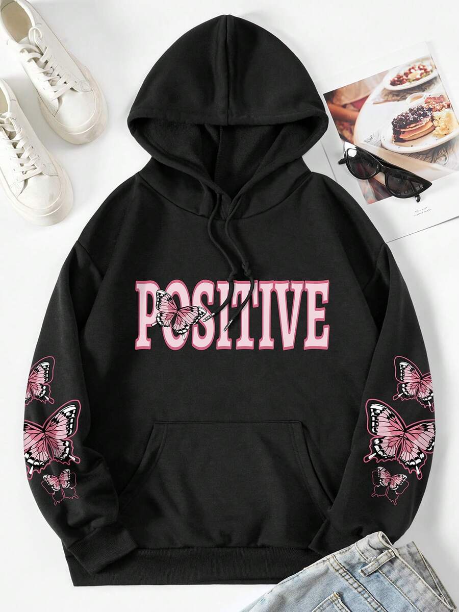 SHEIN EZwear Letter & Butterfly Print Kangaroo Pocket Drawstring Thermal Hoodie - Black - View 1