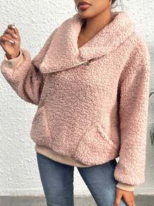 SHEIN Unity Solid Zip Up Teddy Sweatshirt Pullover Fall Outfit - Pink - View 5