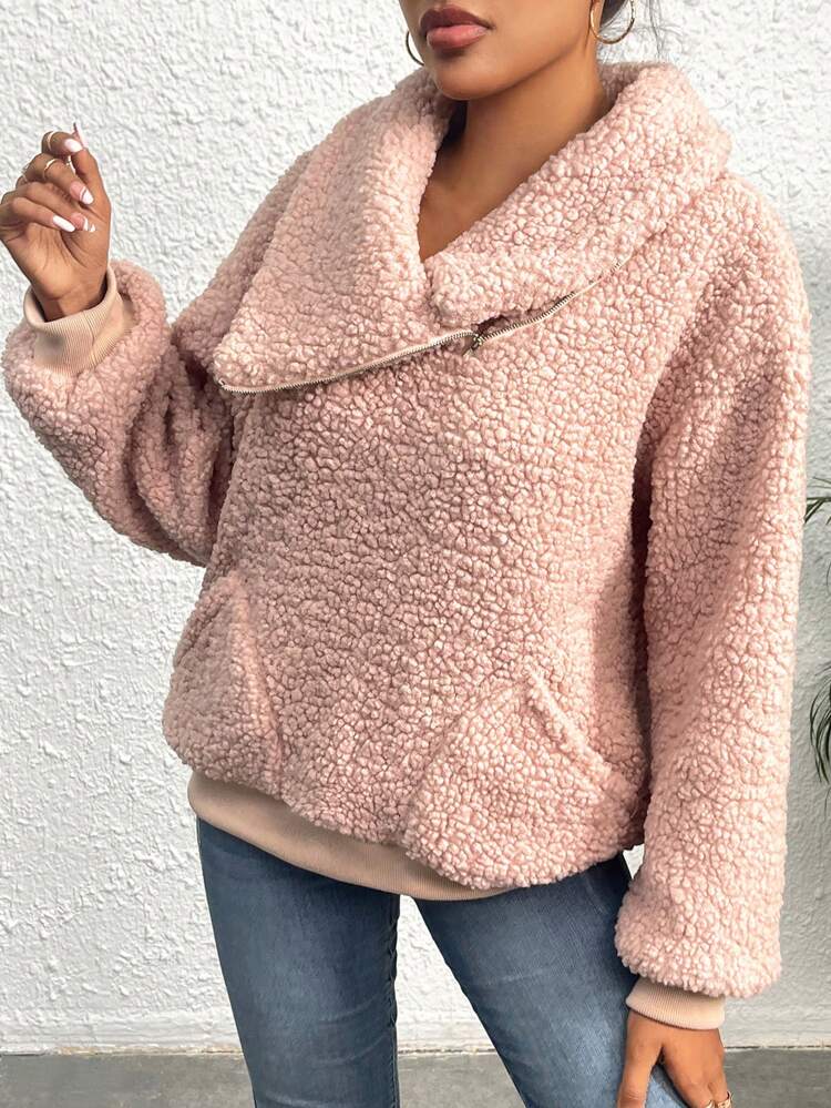 Solid Zip Up Teddy Pullover Fall Sweatshirt