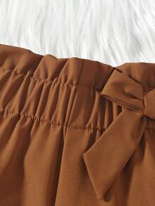 SHEIN Cô Gái Trẻ Nếp gấp cao eo Nơ mặt trước Viền Flounce Quần - màu nâu - Xem 5