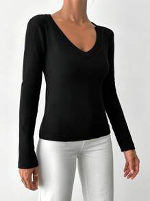 EURMUSE Camiseta unicolor de cuello V - Negro - Ver 4
