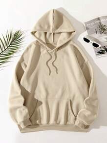 INAWLY Solid Kangaroo Pocket Thermal Lined Drawstring Hoodie - Khaki - View 1