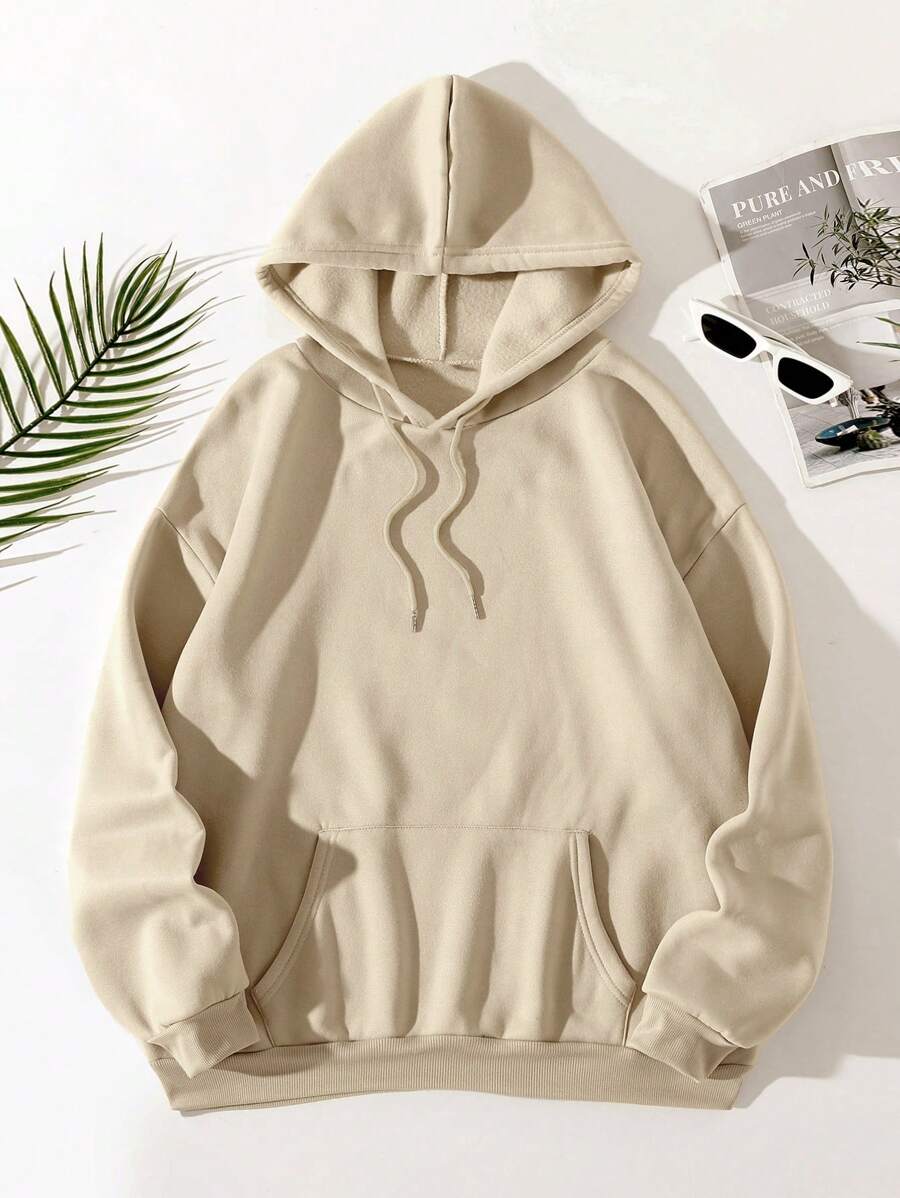 INAWLY Solid Kangaroo Pocket Thermal Lined Drawstring Hoodie - Khaki - View 1