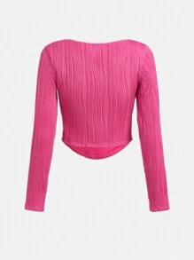 SHEIN 青少年女孩方領不對稱下擺短款T恤 - 玫紅色 - 查看 2