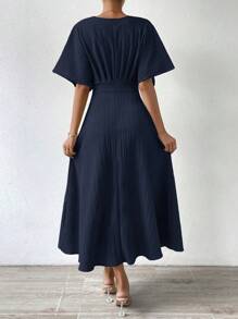 Breezaya Chất rắn tay cánh Váy chữ A - Xanh đậm - Xem 2