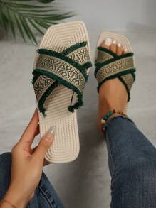 Ladies' Summer Beach Holiday Casual Slippers - Dark Green - View 1