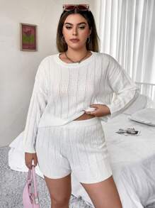 Flirla Plus Drop Shoulder Sweater & Knit Shorts - White - View 5
