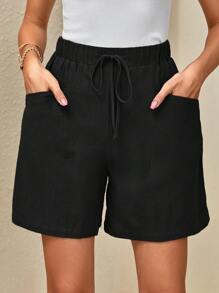 SHEIN LUNE 腰部抽繩口袋貼布闊腿短褲